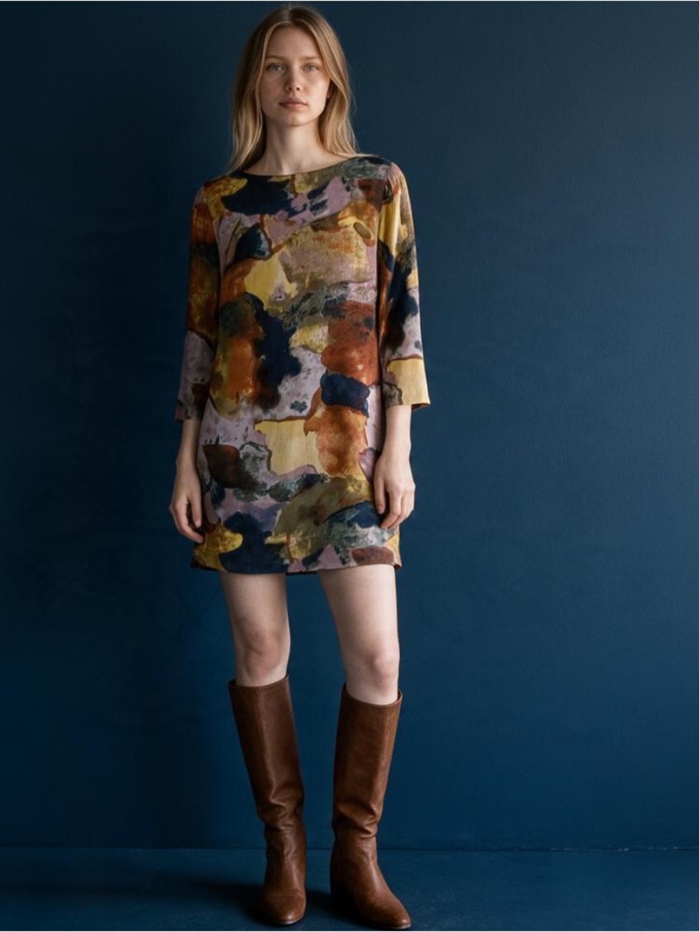 Maeve Abstract Watercolor Eleanora Shift Dress in Navy, Rust, Mustard, Mauve
